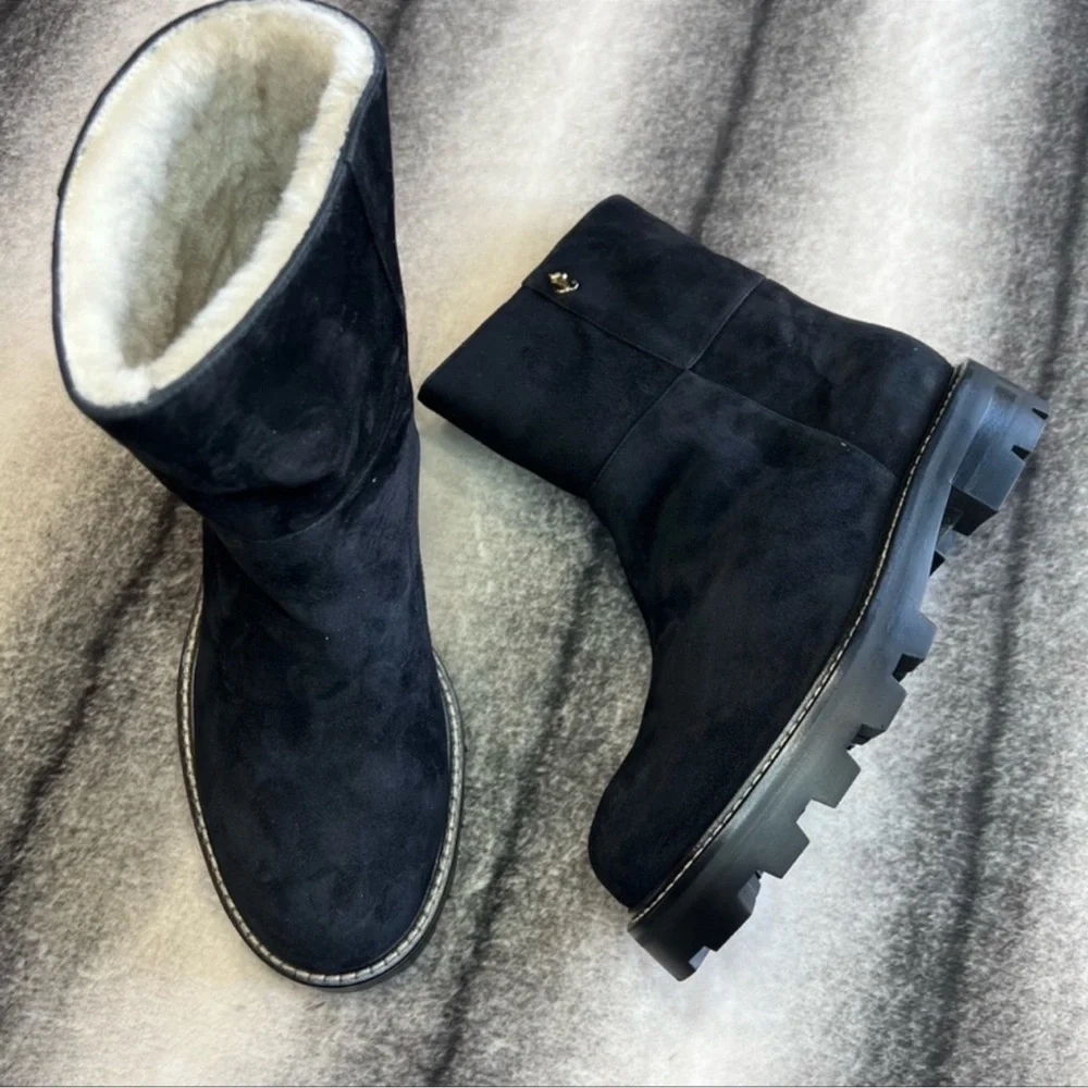 Jimmy Choo Hansel Flat Shearling Fur Lined Black Suede Boots